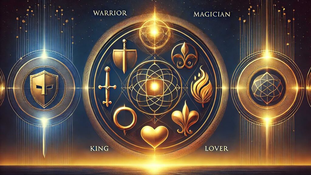 Balance Of Masculine Archetypes Warrior Magician King And Lover Through Interconnected Glowing Symbols