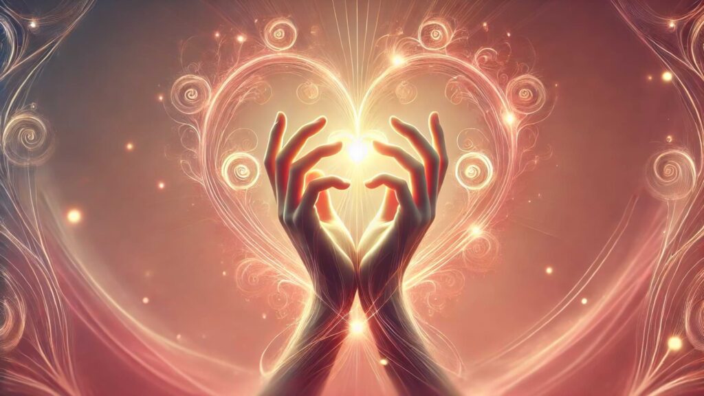 Two Hands Intertwined With Glowing Energy Representing Connection And Healing