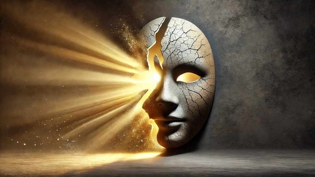 Cracked Mask With Radiant Light Streaming Through The Cracks Representing The Breaking Of Illusions And The Emergence Of Authenticity