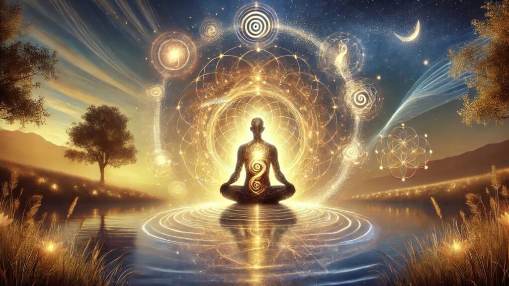 Figure Meditating In A Tranquil Natural Setting Surrounded By Glowing Abstract Symbols Of Wisdom Evoking A Sense Of Deep Reflection