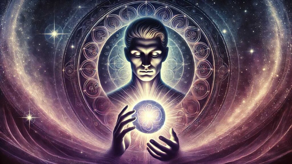 Magician Holding A Glowing Orb Surrounded By Mystical Patterns Representing Wisdom And Transformation