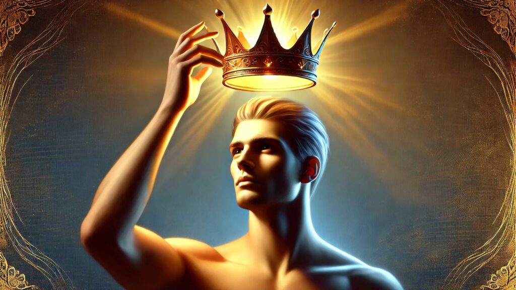 Male Figure Confidently Placing A Glowing Golden Crown On His Head Symbolizing Self Permission And Empowerment