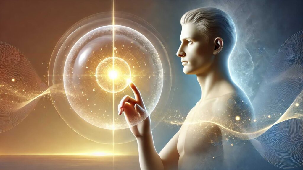 Male Figure Reaching Out To Touch A Glowing Radiant Orb Hovering At A Decision Point Symbolizing Clarity And Transformation Through Intentional Choices