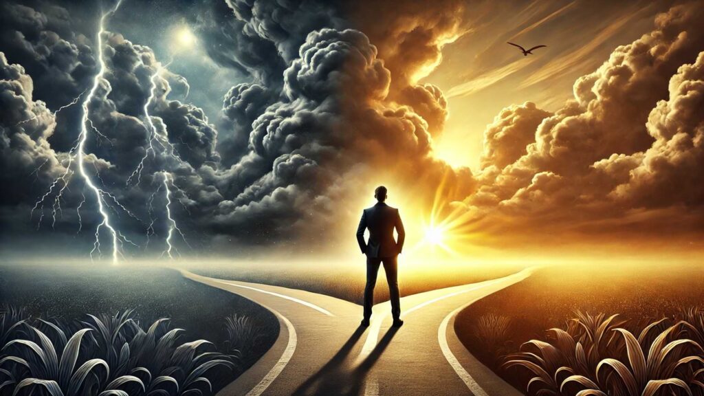 Male Figure Standing Confidently At A Crossroads Where One Path Leads Into A Turbulent Storm With Dark Clouds