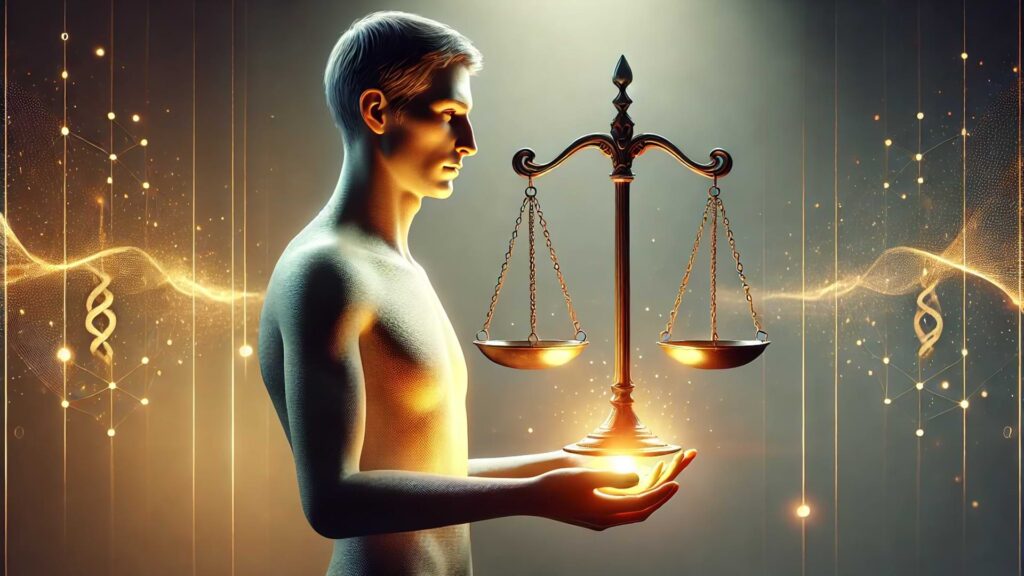 Male Figure Standing In A Calm And Reflective Pose Holding A Glowing Balance Scale In His Hands Symbolizing Accountability And Measured Responses