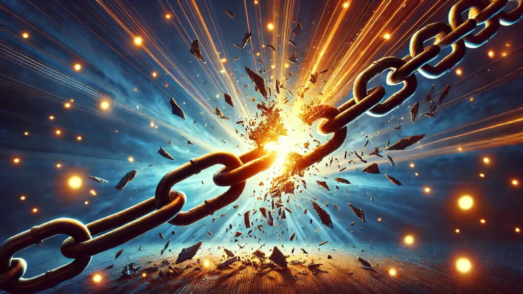 Powerful Depiction Of A Chain Breaking With Glowing Shards Flying Outward Symbolizing Liberation From Toxic Masculinity And Destruction