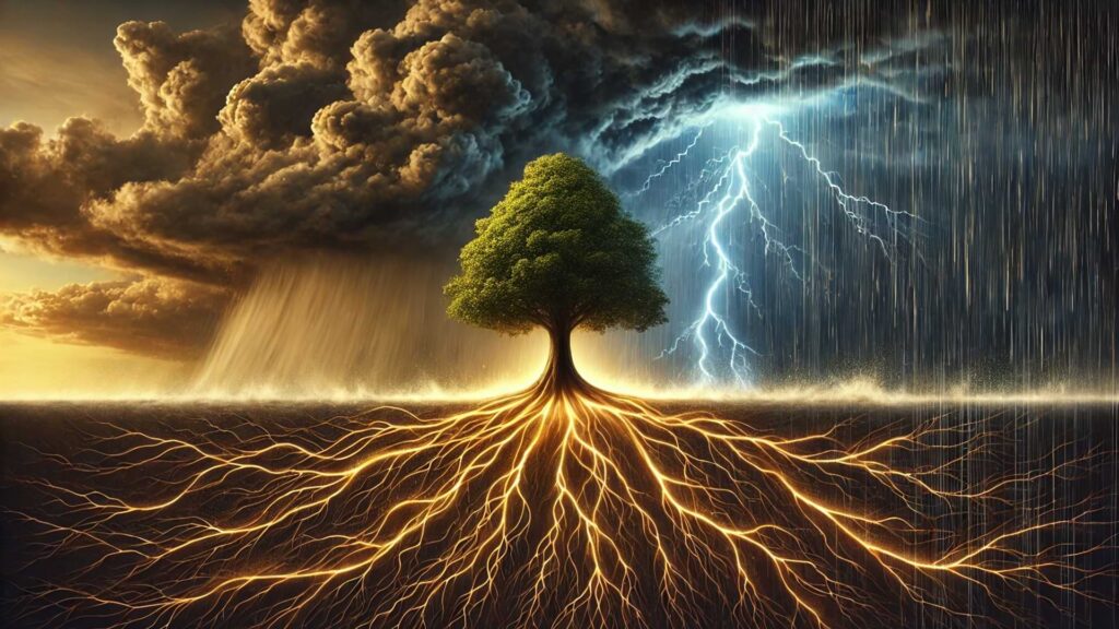 Tall Tree Standing Resilient In The Middle Of A Storm With Glowing Roots Extending Deep Into The Ground Symbolizing Inner Strength